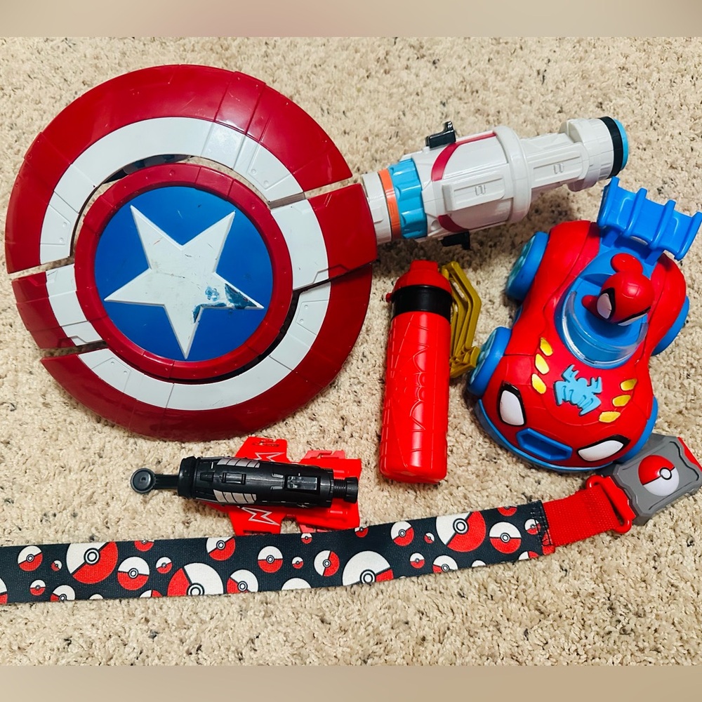 Marvel & Pokémon Toy Gear Lot! Capt. America Shield, Spiderman Car & Belt